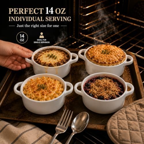 Mini Dutch Oven Set of 4, 14 oz Ceramic Mini Dutch Ovens with Lids and Handles, Ramekins with Lids for French Onion Soup, Pot Pies, Soufflés and Baked Desserts, Oven Microwave Dishwasher Safe, Mini Cocotte, White