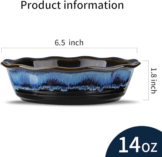 KOOV Ceramic Pie Dish, 6.5 Inches Pie Pan, Pot Pie Pans for Baking, Pie Plate for Dessert Kitchen, Round Baking Dish Pan for Dinner, Wave Series, Set of 6 (Nebula Blue)