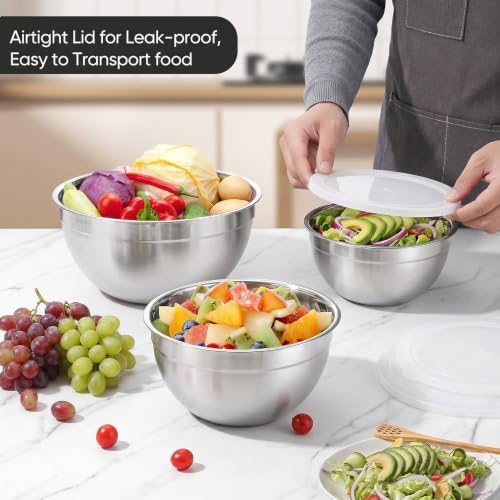 Stainless Steel Small Mixing Bowls with Lids, 3Pcs Nesting 0.85-1.0 QT Set