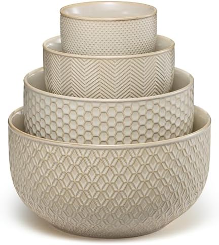 KooK Ceramic Nesting Bowls, Embossed, Oven Safe, Set of 4, Almond