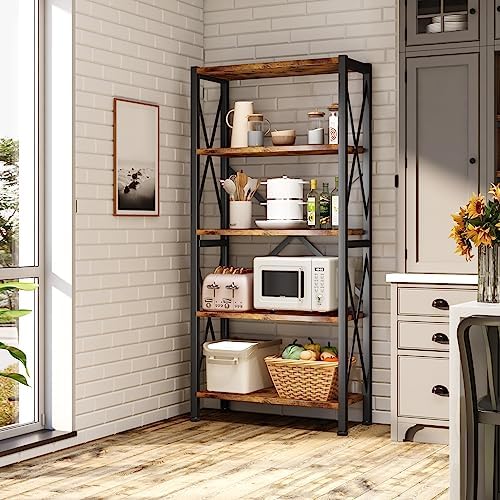 Homeiju 5-Tier Bookshelf,Wood Bookcase,Book Shelf with Steel Frame, Storage Rack with Open Shelves, Rustic Standing Bookshelves Ladder Shelf 110lbs/shelf for Bedroom,Living Room and Home Office