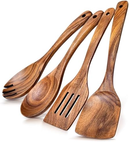 4Pcs Wooden Spoons for Cooking, Acacia Wood Kitchen Utensils Set for Nonstick Pans, Smooth Finish Cooking Utensils with Long Handle, Wooden Spatula for Cooking, Mixing, Baking