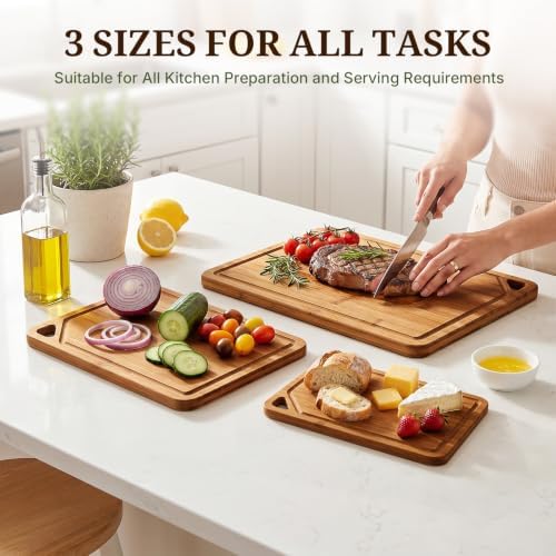 GASHELL Bamboo Cutting Board Set with Beeswax Coating for Kitchen(S+M+L)