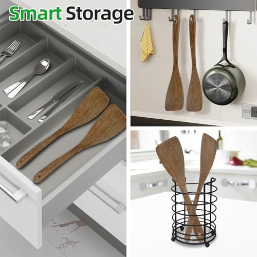 Ecavria 2PCS Wooden Spatula, 12.8IN Wooden Flat Frying Spatulas, Long Handle Wood Turner for Non-Stick Cookware, Natural Wood Cooking Utensils, Healthy, Sturdy & Heat-Resistant