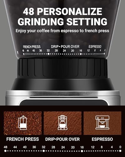 AMZCHEF Burr Coffee Grinder, 48 Settings, Less Static Mess, Metallic Silver