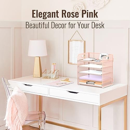 SUPEASY 5 Trays Paper Organizer Letter Tray with Handle-Mesh Desk File Organizer,Pink Paper Sorter Desk Organizer for Office, Home or School, Rosepink