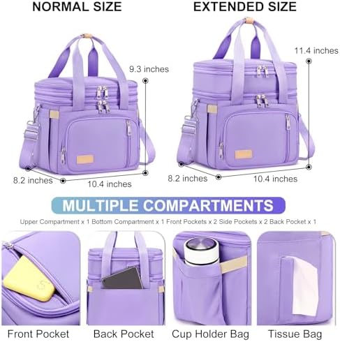 MAPLELILY Lunch Box for Men Women - Double Deck Insulated Lunch Bag, Large Leak Proof Tote Cooler, Wide Open Dual Compartment Lunch Bags with Shoulder Strap, For Work Picnic Hiking Beach, Purple