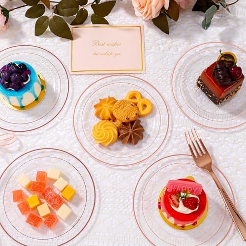 bUCLA 100PCS Clear Rose Gold Plastic Plates Disposable - Heavy Duty 6.25 Inch Clear Plastic Dessert Plates with Rose Gold Trim - Ideal for Party & Wedding