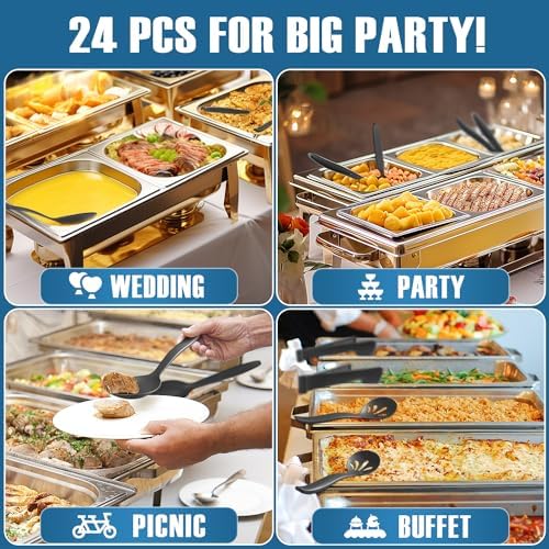 Reusable Plastic Serving Utensils Set of 24, Wheat straw Large Serving set 10" Serving Spoons/10" Slotted Spoons/9.4" Tongs, for Party Chafing Dish Buffet Catering (Black, Not for Cooking)