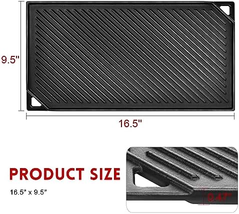 GGC Reversible Cast Iron Griddle, 16.5" x 9.5" Rectangular Griddle Pan