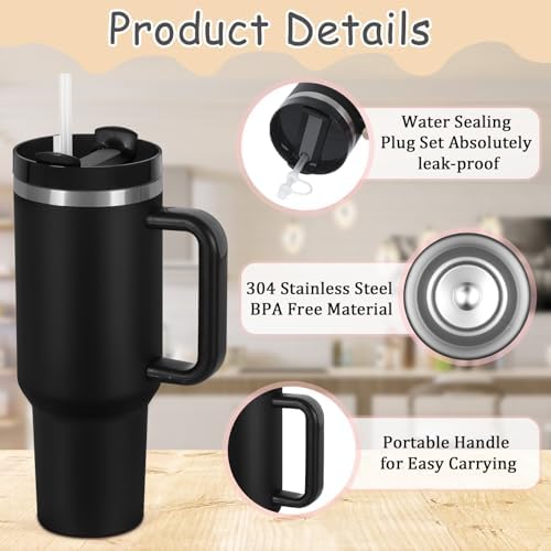 4 Pack 40 Oz Tumblers with Handle Bulk, Double Wall Vacuum Insulated Stainless Steel Tumblers with Lid and Straw, 40 oz Cups with Silicone Spill Proof Stopper Set (Black-2,White-2)