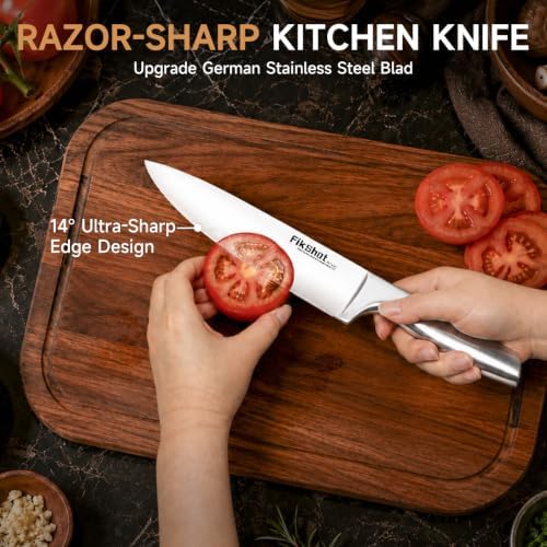 FikShot 14PCS Knife Set with Block & Sharpener, Premium Full Tang Forged