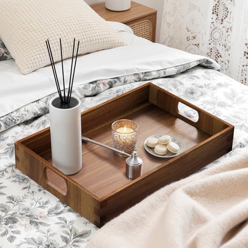 Acacia Serving Trays, Wooden Serving Tray with Handles- 2 Pack