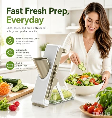 Safe Mandoline Slicer for Kitchen, Vegetable Slicer with Container, French Fry Cutter, All in 1 Julienne Slicer for Potato, Thickness Adjustable, Detachable Blade (White Light Gray)