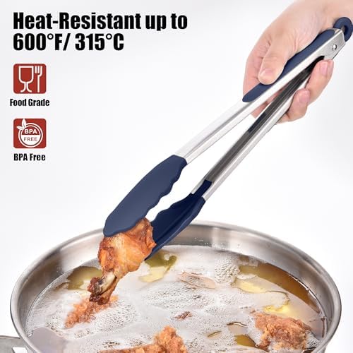 Doosu Kitchen Tongs with Silicone Tips for Cooking Serving (3Pcs, Navy)