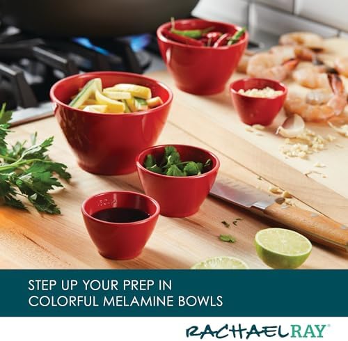 Rachael Ray Pantryware Nesting Mixing Bowls with Built-in spouts and Handles and Measuring Cups For Space-saving storage, Utensil Set, Dishwasher Safe, 10 Piece, Red