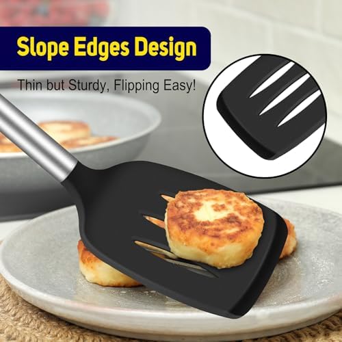 HOTEC Silicone Spatula Set of 2, High Heat-Resistant & BPA-Free Kitchen SaptulaTurner with Stainless Steel Handles, Slotted & Solid Spatulas for Nonstick Cookware, 13.7 Inch, Black