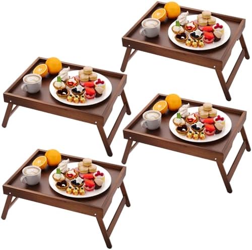 Fibogollo 4 Pack Bamboo Bed Tray Table with Folding Legs,Breakfast Trays,Serving Tray for Food and Snack,Laptop Trays for Working(Brown)