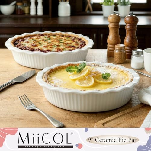 Miicol Ceramic Pie Pan Set of 2, 50 oz Ripple Edge Deep Baking Dish, 9 Inch Round Ceramic Pie Plate, Suitable for Quiche, Apple Pie, Meat Pie, Ideal Gift for Baking Lovers,White