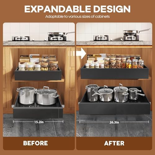 Seinloes 4 Pack Expandable Pull Out Cabinet Organizer 21"Deep With Raising Pad for Framed Cabinets,Upgrade 3 Slide Rails Slide Out Drawers,Roll Out Shelves Adhesive,Adjustable Width 15.15"-26.3" Black