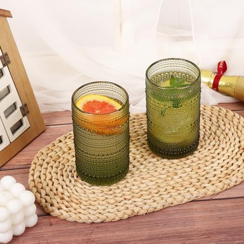 Moretoes 12 Oz Green Hobnail Drinking Glasses Set of 6 Water Glass Cups