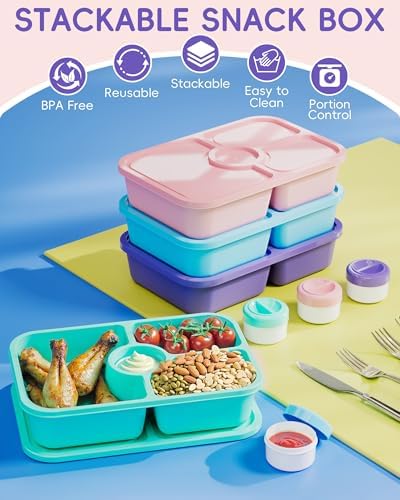 Canfanni 4 Pcs Bento Snack Box Containers, 4 Compartment Divided Stackable Food Storage Containers with Lids, Meal Prep Lunch Container with Sauce Cups