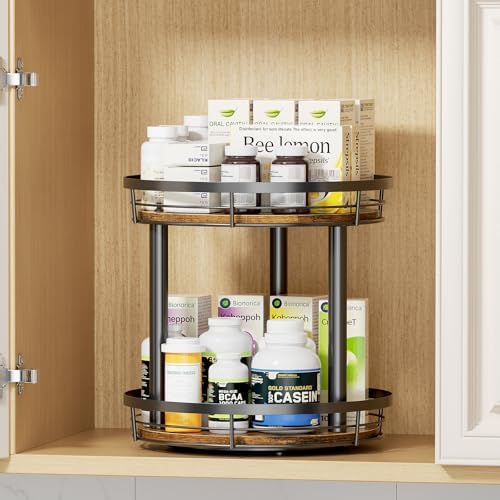 LAMU 12'' Wood Lazy Susan Spice Rack Organizer, 2 Tier Spice Organization for Cabinet, Countertop, Kitchen, Table Top, Pantry, Condiment and Seasoning Rack Organizer