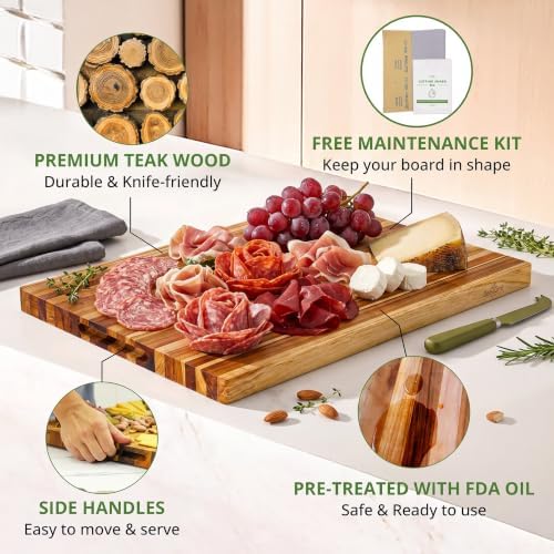 BEEFURNI Large Teak Wood Cutting Board with Hand Grip (24x17x1.5", XL)