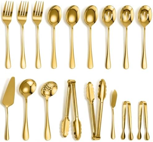 17pcs Gold Serving Utensils Set,Stainless Steel Large Serving Spoons,Slotted Spoon,Fork,Tongs,Cake Pie Server,Soup Spoon,Metal Buffet Banquet Cutlery for Parties Weeding Birthday Entertaining Catering
