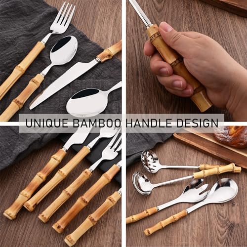 Bamboo Handle Silverware Set, 24-Piece Flatware Set for 6, Stainless Steel Cutlery Eating Utensils Include Forks Spoons and Knives for Daily Use and Party, Reusable and Modern Design