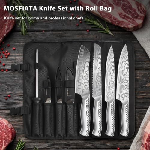 MOSFiATA Kitchen Knife Set 9 PCS with Foldable Roll Bag, Pro Stainless Steel 5Cr13MoV Ultra Sharp Santoku Knives with Honing Rod, Dishwasher Safe butcher Knife Set for Cooking Outdoor Travel