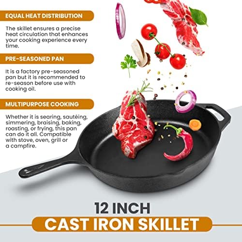 Utopia Kitchen Cast Iron Skillet 12 Inch with Lid Chefs Frying Pan Black