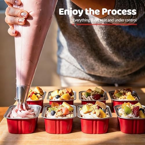 100 Pack Mini Loaf Pans with Lids and Spoons, 6.8oz Mini Cake Pans for Baking, Disposable Rectangle Aluminum Foil Small Loaf Baking Pans Cake Tins, Individual Small Cake Containers with Sticker, Red