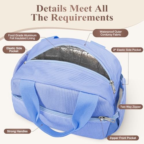 KUBYA Lunch Box for Women, Cute Grids Corduroy Insulated Lunch Bag Women Reusable Work Simple Adults Large Lunch Boxes Tote Bag Men Cooler Bag