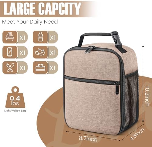 Lunch Bag for Men/Women, Reusable Lunchbox for Adult, Small Insulated Lunch box, Lunch Tote Bag for Office, Work, Picnic - Khaki