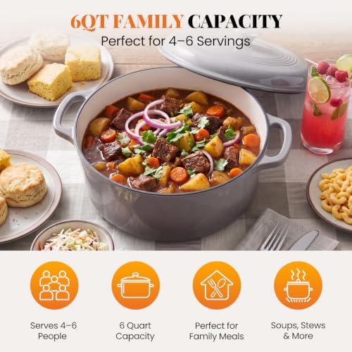 Sweetcrispy 6 Qt Enameled Cast Iron Dutch Oven Pot with Lid, Grey