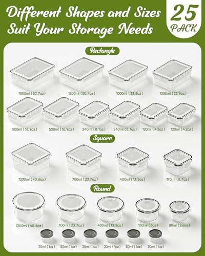 50 Piece Food Storage Containers with Lids(25 Containers & 25 Lids), BPA-Free Plastic Food Containers for Kitchen Storage and Organization, Leak Proof Meal Prep Container, Includes Labels & Pen