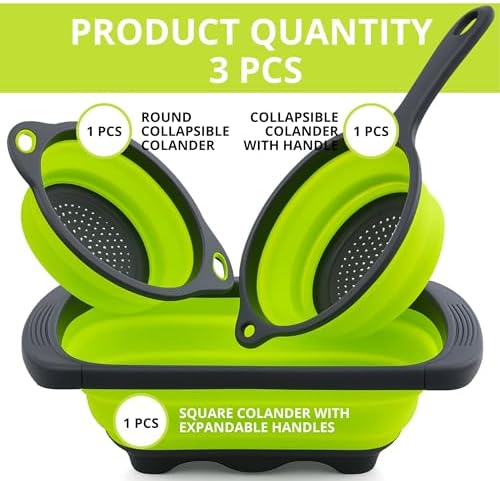3PCS Green Foldable Kitchen Strainer Set – Silicone Colander Collapsible Strainers and Colanders Green Collander for Kitchen Collapsible Compact Drain Tools for Cooking Prep