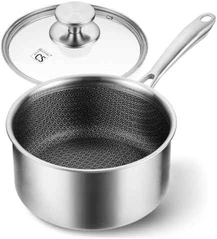 KOCH SYSTEME CS 4 Quart Saucepan With Lid, Hybrid Nonstick Stainless Steel Saucepan, Tri-Ply Stainless Steel Pot 4QT, Stainless Steel Sauce Pan with Honeycomb Interior, Large Saucepan Induction Ready