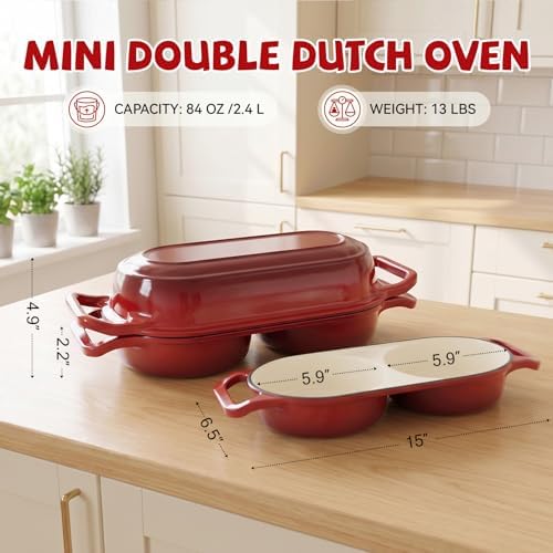 Double Dutch Oven Pot with Lid, 2.2QT Enameled Cast Iron Bread Loaf Pan, Mini Dutch Oven For Sourdough Bread Baking, 500°F Oven Safe Non Stick Dual Round Bread Pan, Bread Oven, 16.5cm Diameter, Red
