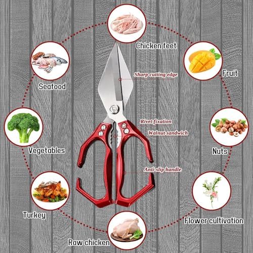 Stainless Steel Bone-Cut Kitchen Scissors, Poultry Shears - Heavy Duty Kitchen Scissors for Food with Ergonomic Handle, Ultra Sharp for Chicken, Meat, Seafood, Bone Cutting (Red)