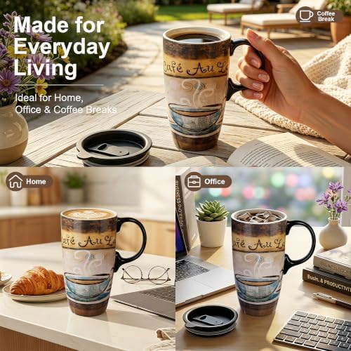 Topadorn 17oz Ceramic Travel Mug with Lid, French Café Coffee Mug with Handle, Vintage Latte Cup for Coffee Tea Cocoa, Microwave & Dishwasher Safe, Gift Box Included