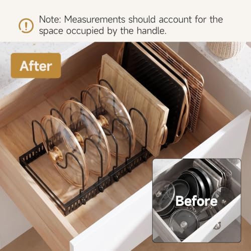 MUDEELA Pot Lid Organizer for Cabinet, Adjustable Baking Pan Rack 7 Slots