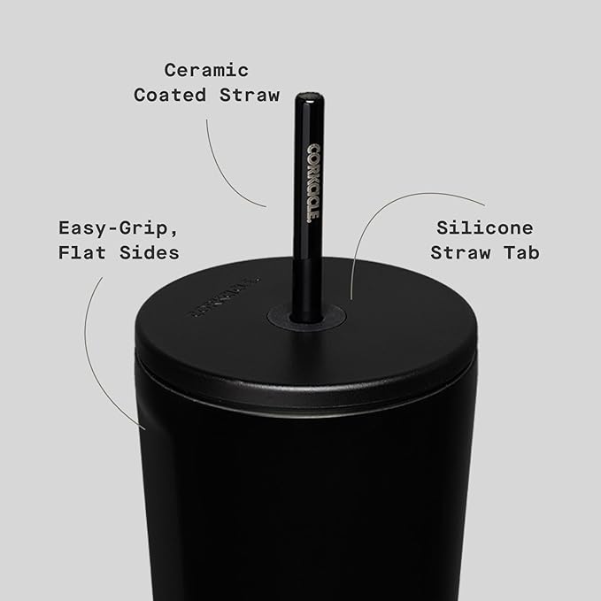 Corkcicle Cold Cup Insulated Tumbler with Straw - Keeps Drinks Cold for 12 Hours - Triple-Insulated Stainless Steel - Leak-Resistant Lid - Summer Drinkware Gift - 24 oz - Matte Black