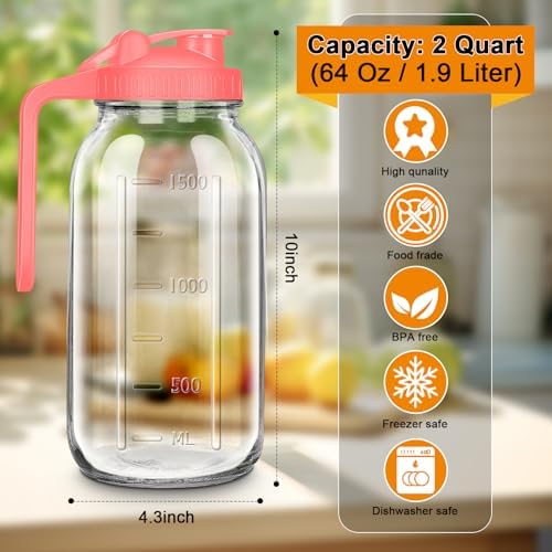 64oz Glass Pitcher with Lid, 2 Quart Mason Jar Pitchers with Lid and Spout, Wide Mouth Breast Milk Pitcher Glass Jug Sun Tea Pitchers, Cold Brew Coffee pitcher, Fridge Container for Water, Juice, Tea