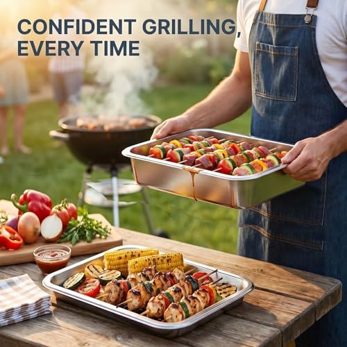Grill Prep Tray & Serving Tray Set with Lids –5-Piece Grill Carry System for Marinating, Carrying & Serving, Stainless Steel BBQ Trays, BBQ Prep Grill Pan with 2 Lids and 1 Rack