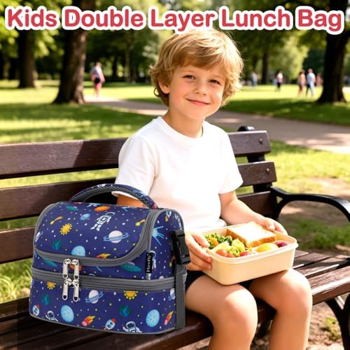 FlowFly Kids Double Decker Cooler Insulated Lunch Bag Large Tote for Boys, Girls, Men, Women, With Adjustable Strap, Astronaut