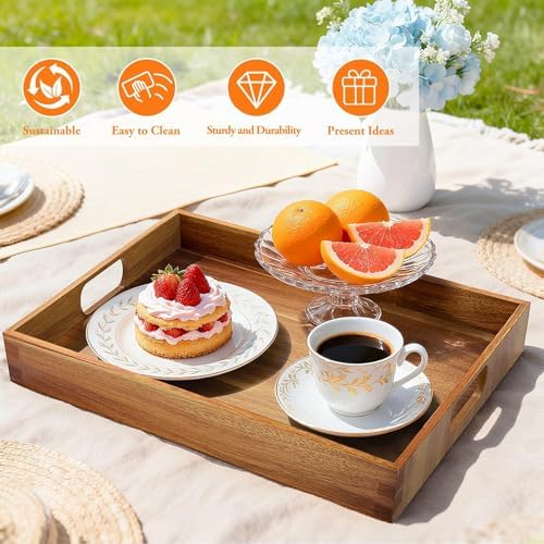 Acacia Serving Trays, Wooden Serving Tray with Handles, 2 Pack, Large