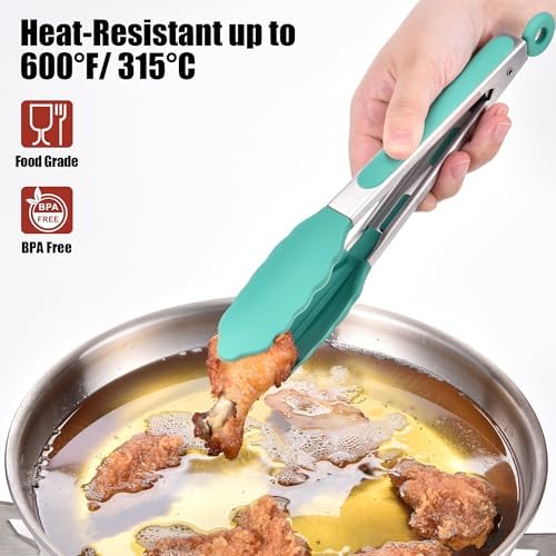 Doosu Kitchen Tongs with Silicone Tips for Cooking Serving (9in, Aqua Sky)