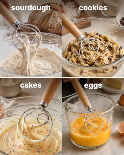 Zulay Kitchen 13-Inch Danish Dough Whisk - Stainless Steel Wooden Whisk with Dough Hook - Sourdough Whisk for Bread, Pizza, Pastry, Cake Batter & More - Wood